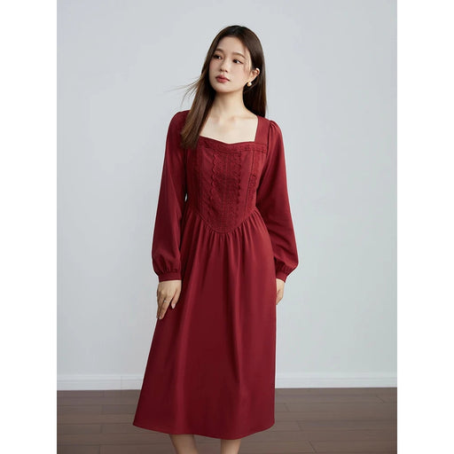 retro red long sleeve square neck dress, view 2 - MRSLM