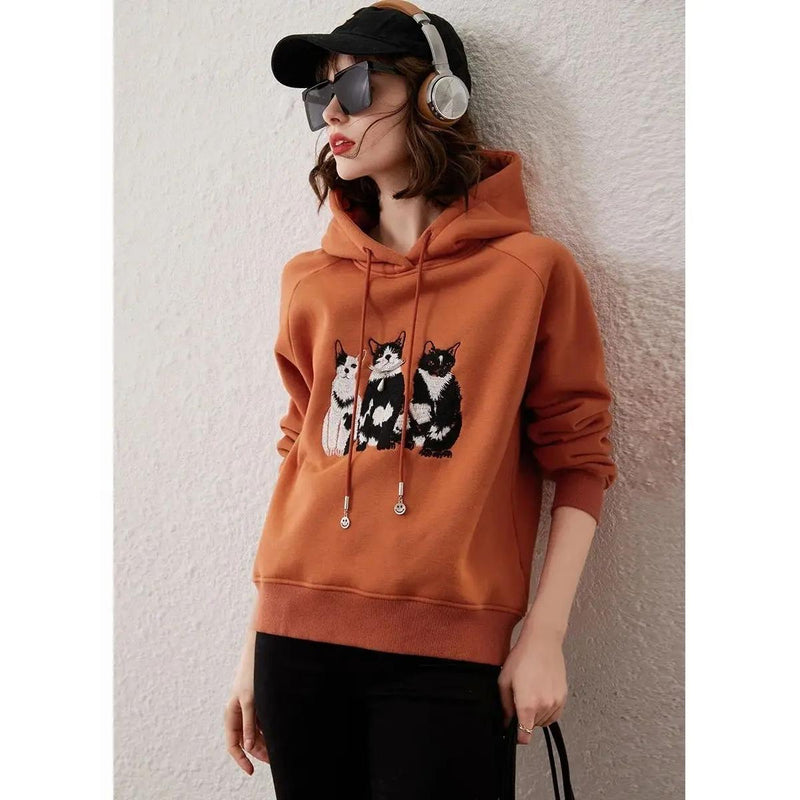 plush cat embroidery hooded pullover top, view 6 - MRSLM