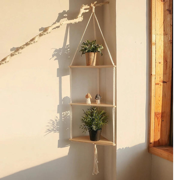 Boho Style Knitted Wooden Floating Shelves for Plants