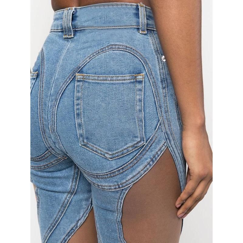high waist mesh patchwork flare denim pants, view 5 - MRSLM