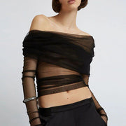 sheer mesh off-shoulder backless t-shirt - MRSLM