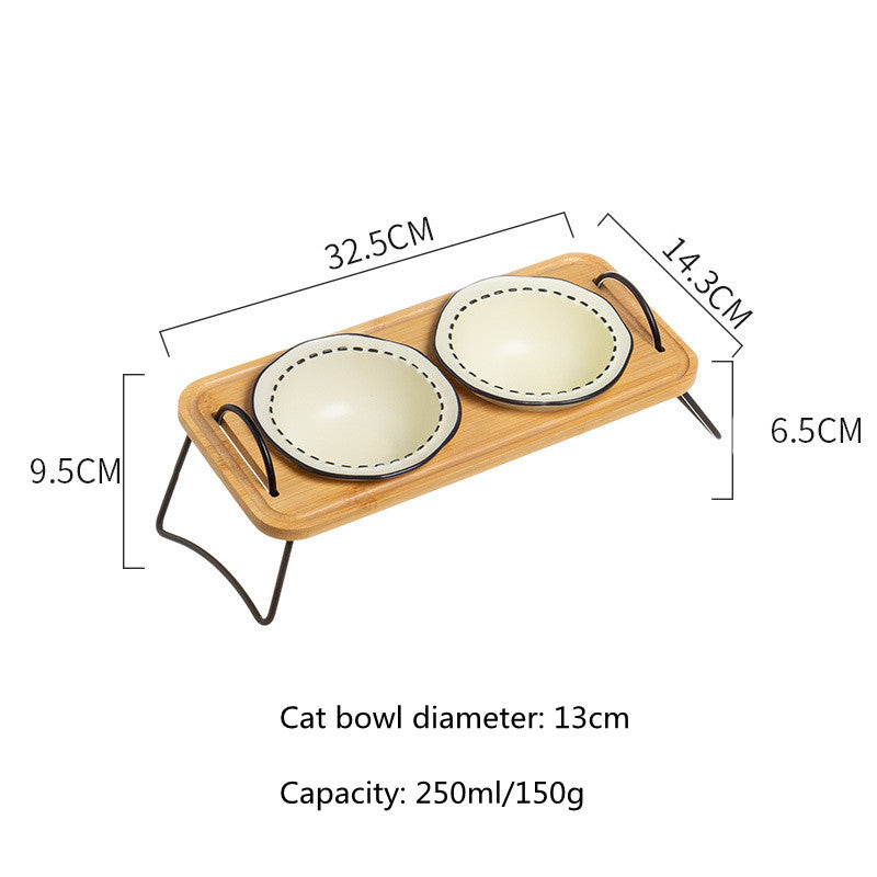 ceramic dog and cat bowl with wood stand, view 6 - MRSLM
