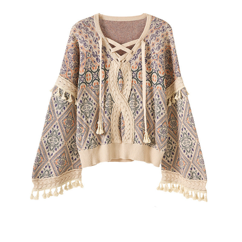 twist jacquard tassel drop shoulder sweater jacket - MRSLM