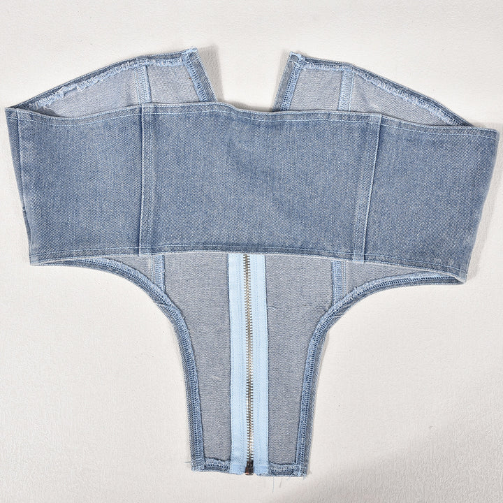 Irregular Zipper Wash Denim Tube Top