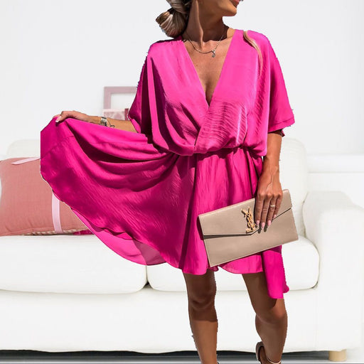 v-neck satin loose casual dress, view 6 - MRSLM