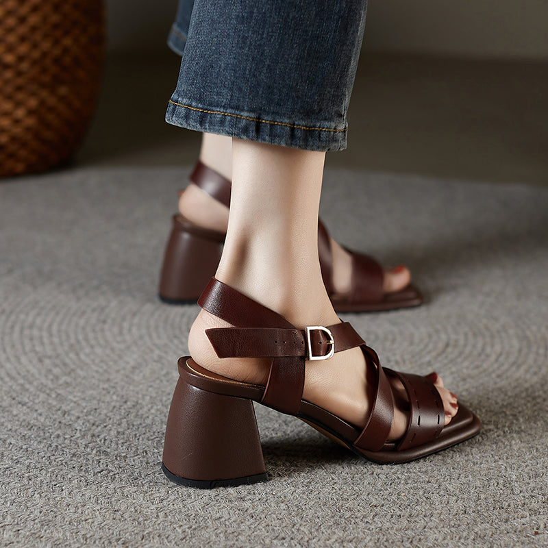 leather high-heel sandals with buckle strap, view 9 - MRSLM