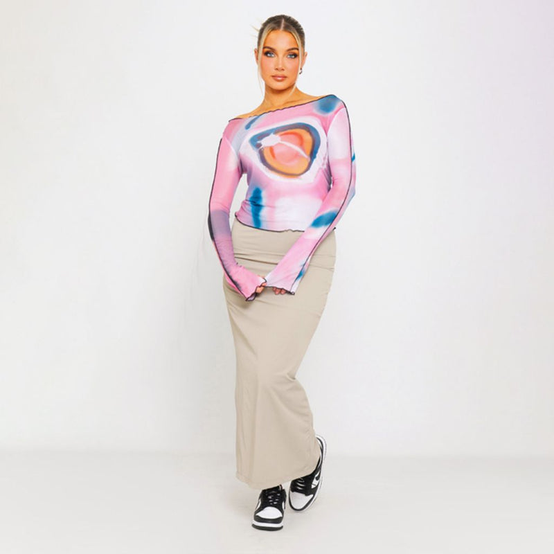 colorful mesh ruffle long sleeve t-shirt, view 4 - MRSLM
