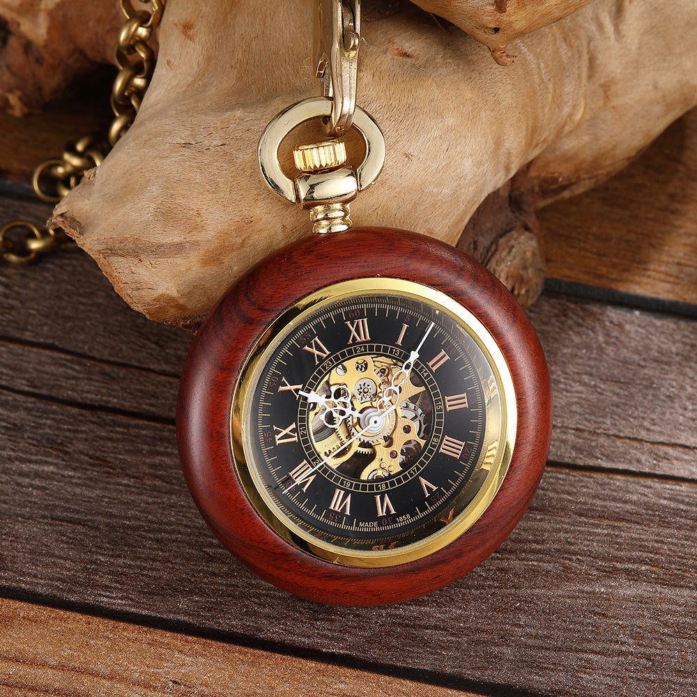 Red Copper Wood Roman Scale Retro Mechanical Pocket Watch