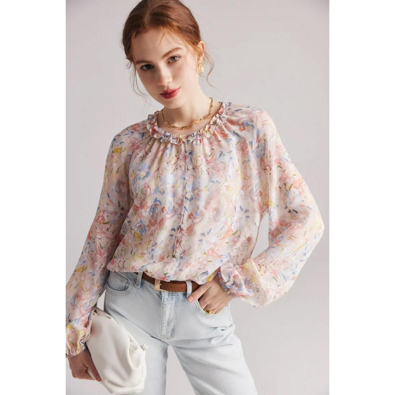 floral ruffle silk-blend blouse, view 3 - MRSLM