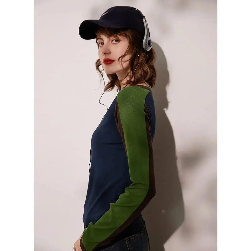 long sleeve round neck contrast color top, view 7 - MRSLM