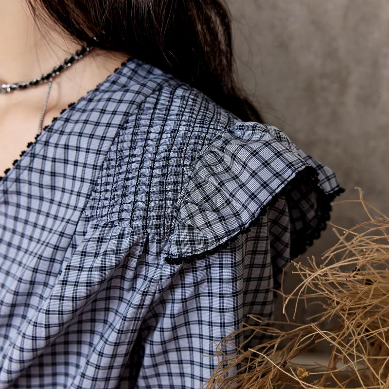 plaid ruffle sleeve v-neck blouse, view 7 - MRSLM