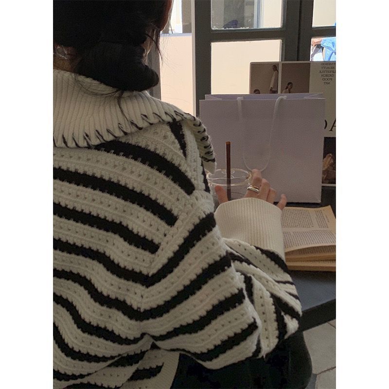 Women's striped knitted cardigan sweater