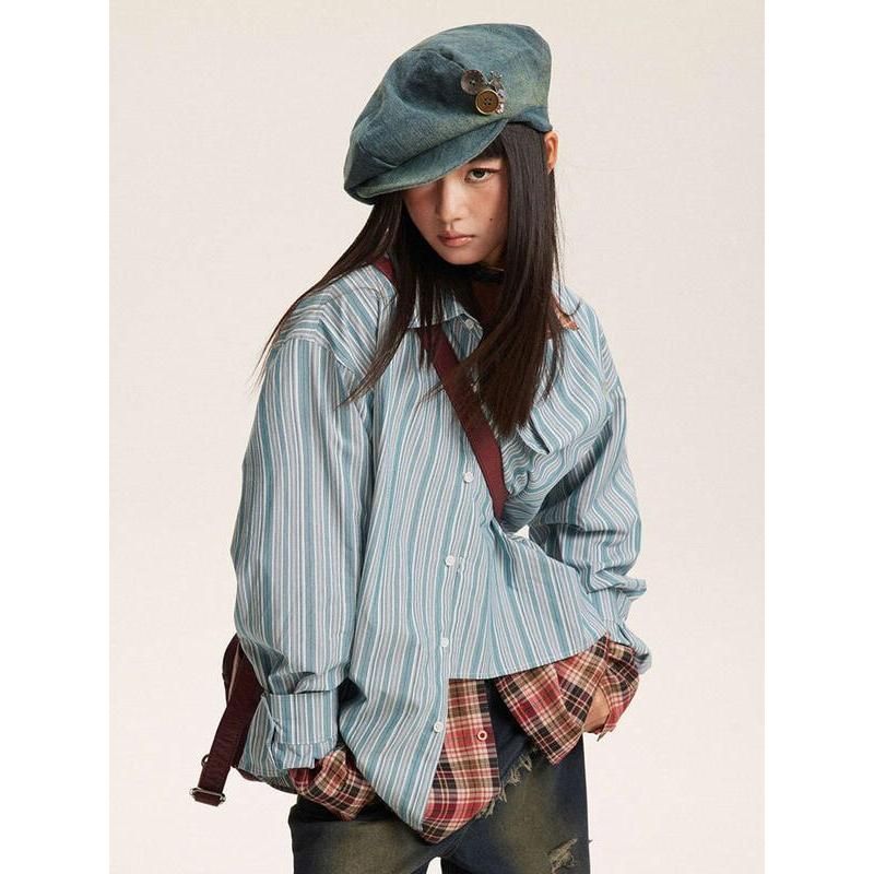 striped long sleeve blouse, view 3 - MRSLM