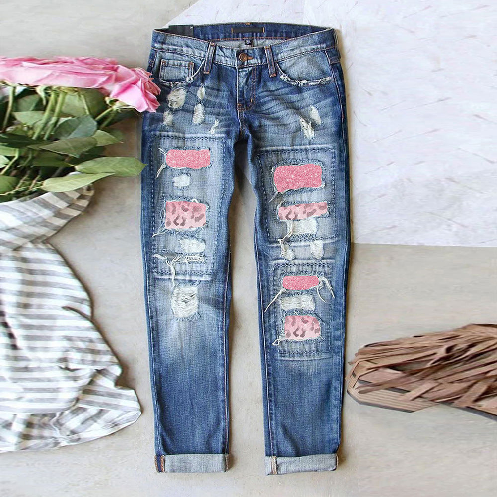 Ripped Jeans For Women AliExpress Amazon Hot Selling Printed Patch Casual Versatile Trousers
