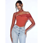 Sheer mesh sleeve strapless backless crop top, view 4 - MRSLM