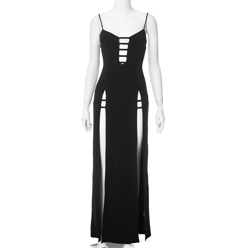 black sling slit dress, view 5 - MRSLM