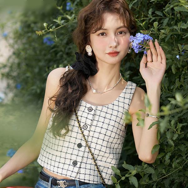 u neck plaid sleeveless vest - MRSLM