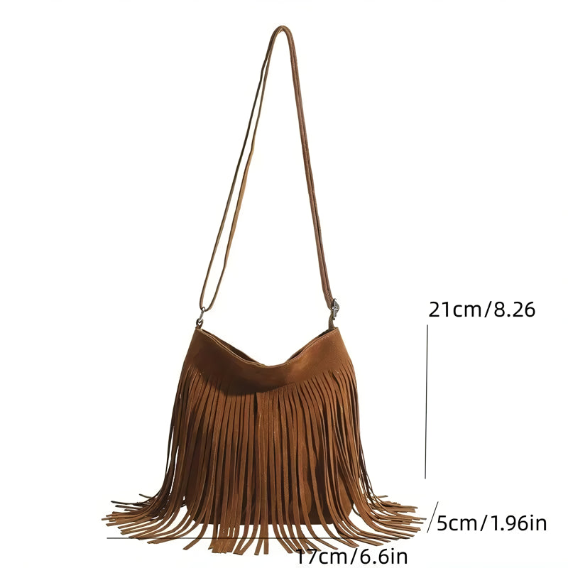 vintage faux suede fringe crossbody bag, view 9 - MRSLM