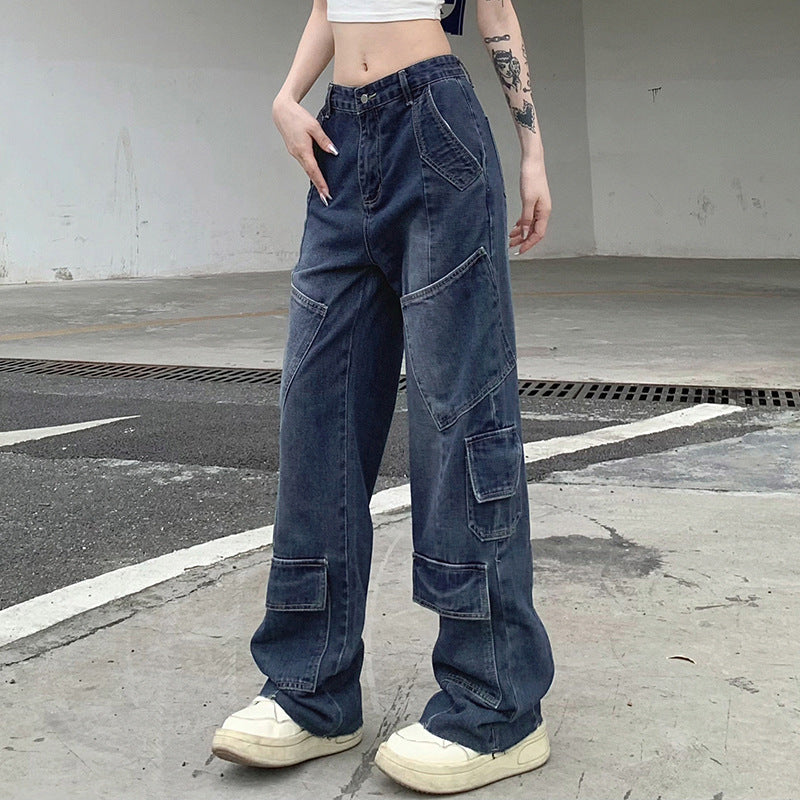 Women's Washed-out Vintage Dark Blue Denim Split Stitching Multi-pocket High Waist Straight All-matching Casual Pants