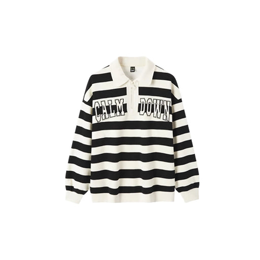 oversized waffle striped polo collar sweatshirt, view 3 - MRSLM