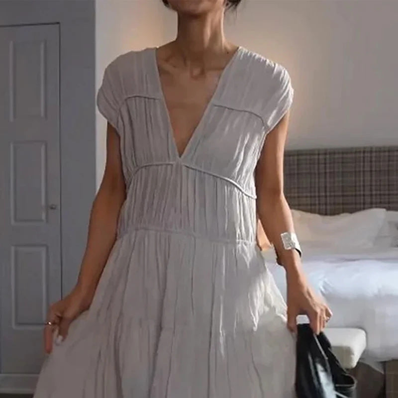 round neck pleated dress light gray, view 2 - MRSLM