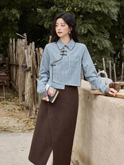 blue-grey striped patchwork blouse, view 2 - MRSLM