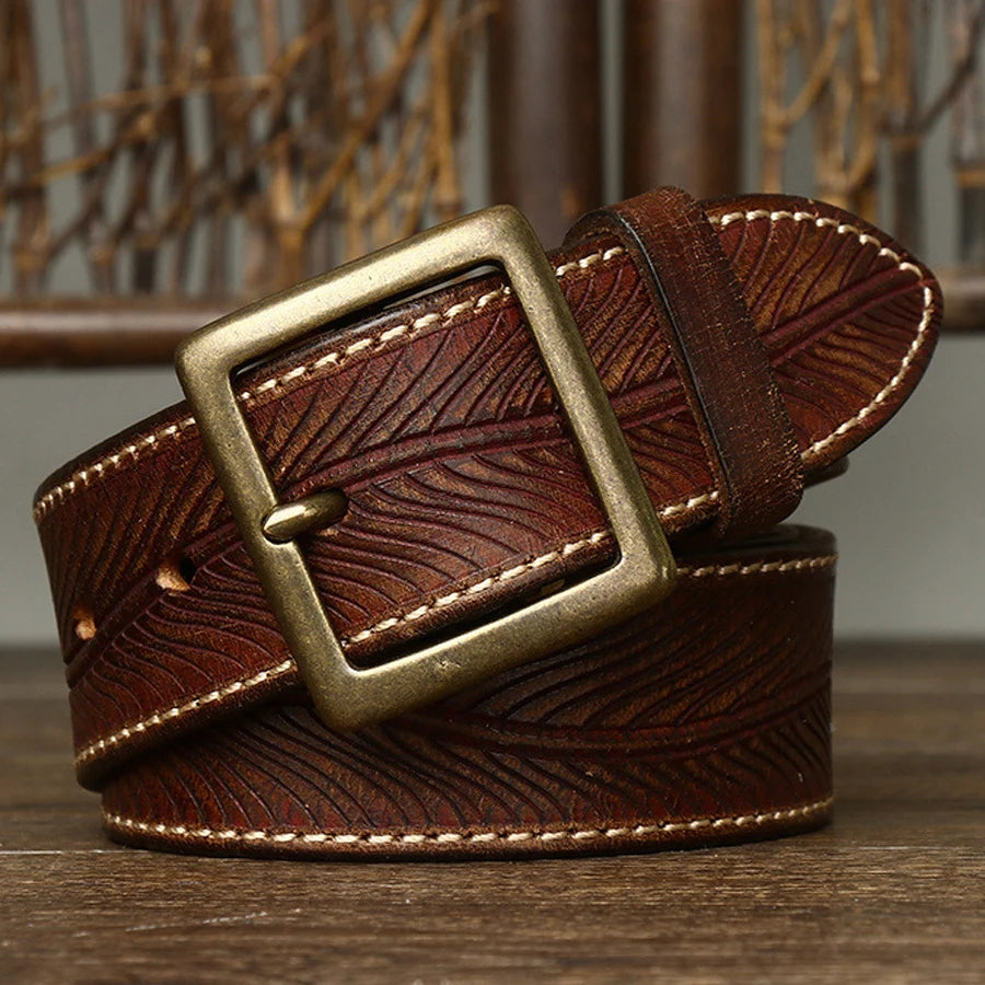 3.8CM Vintage Printed Leather Belt – Copper Buckle Cowhide Strap for Men’s Jeans