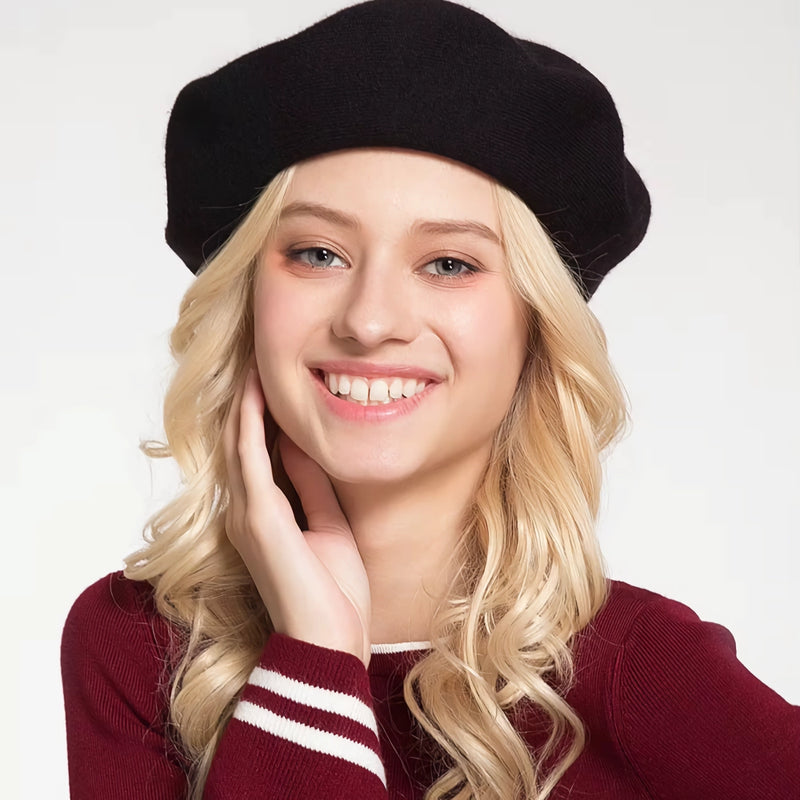 solid wool blend knitted beret, view 8 - MRSLM