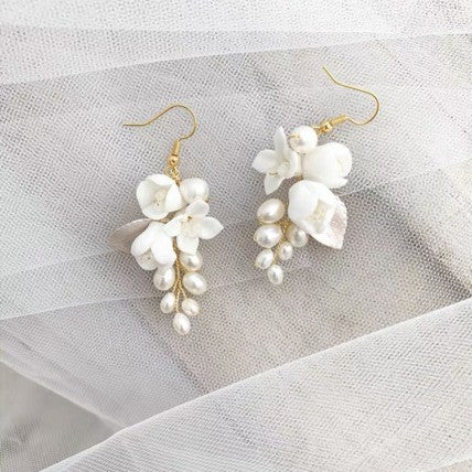 white ceramic flower ear hook earrings, view 4 - MRSLM