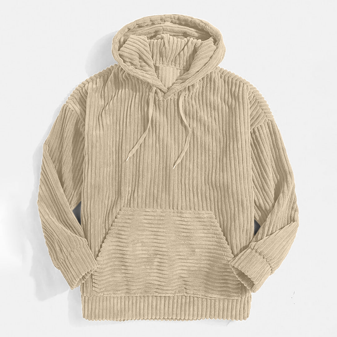 2022 Men's Sweater Thick Corduroy Long Sleeve Solid Color Kangaroo Pocket Hanging Shoulder Hoodie
