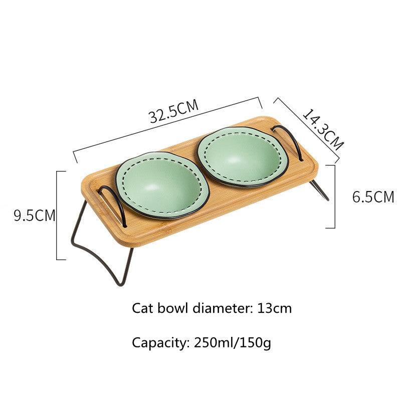 ceramic dog and cat bowl with wood stand, view 4 - MRSLM