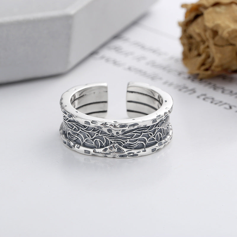 sterling silver tang grass pattern wide ring, view 5 - MRSLM