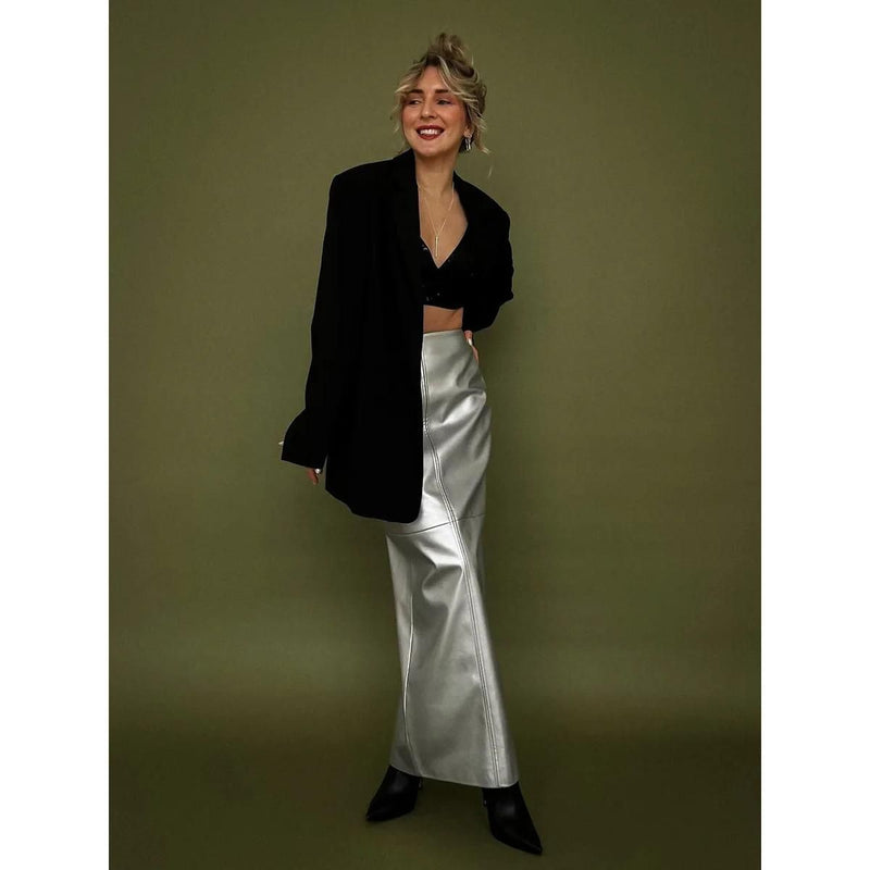 Gold PU leather long skirt, view 8 - MRSLM