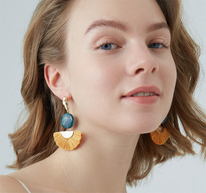 S925 Sliver Resin Fan-shaped Tassel Earrings Women