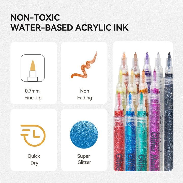 12 Sparkle Color Glitter Acrylic Paint Markers