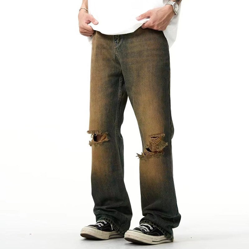 yellow mud ripped denim pants, view 2 - MRSLM
