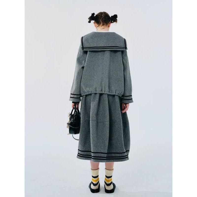 women's gray navy collar pullover coat, view 3 - MRSLM