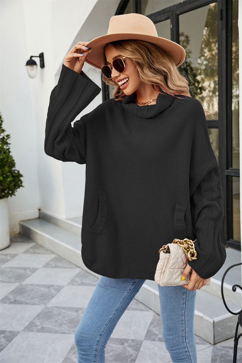 women's loose solid turtleneck knit sweater, view 2 - MRSLM