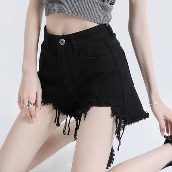 high waist black denim shorts, view 5 - MRSLM