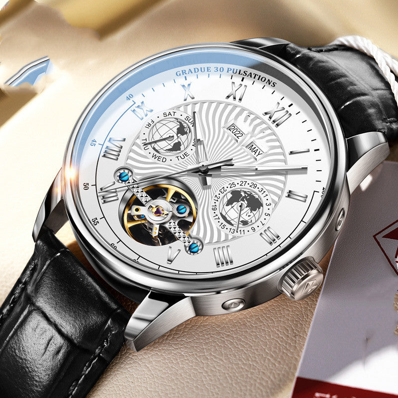 men's hollow automatic leather watch, view 2 - MRSLM