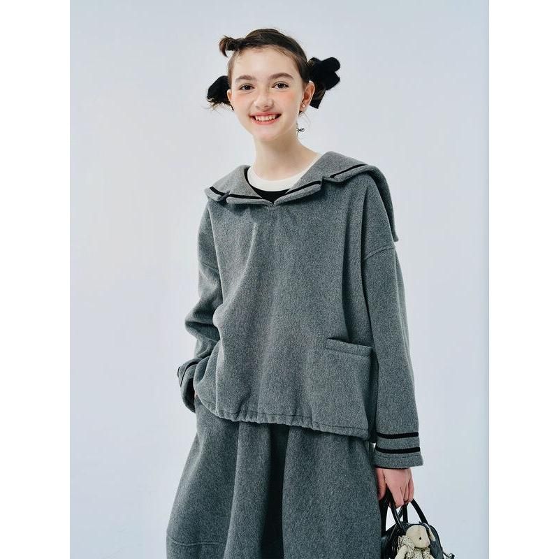 Women's Gray Navy Collar Pullover Coat