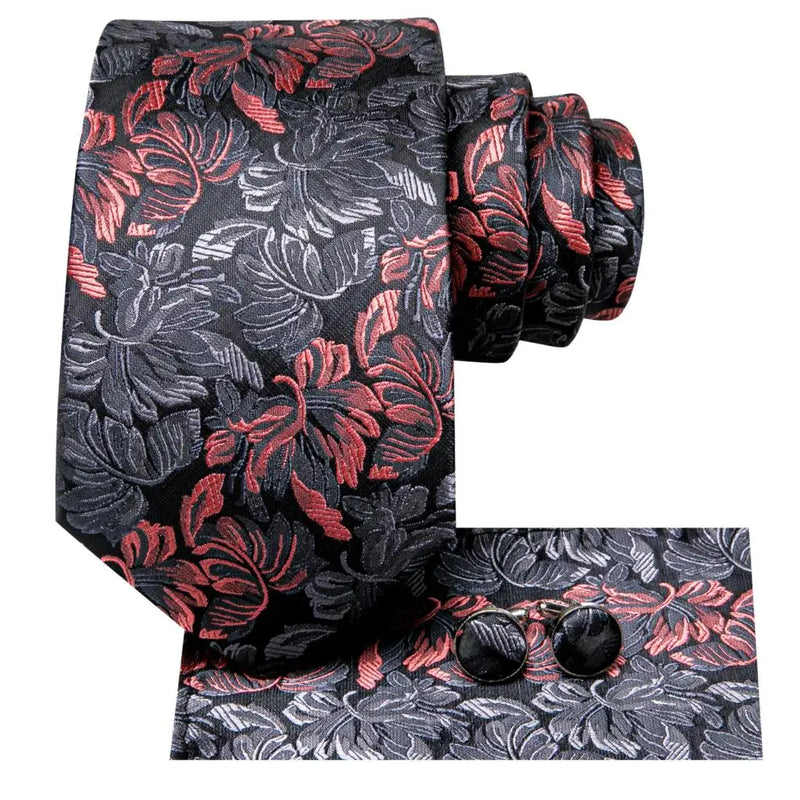 floral black and red silk necktie set for men, view 3 - MRSLM