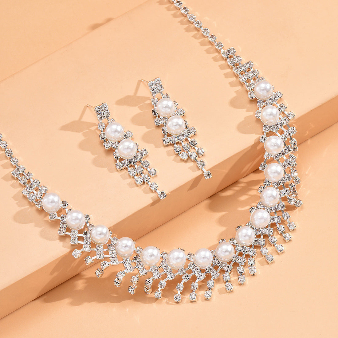 Pearl and Crystal Choker Necklace and Earrings Set