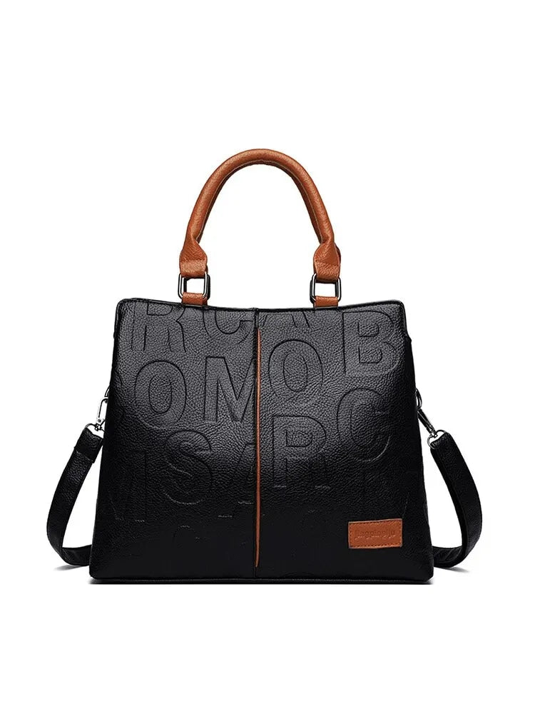 large soft leather tote with embossed lettering, view 3 - MRSLM
