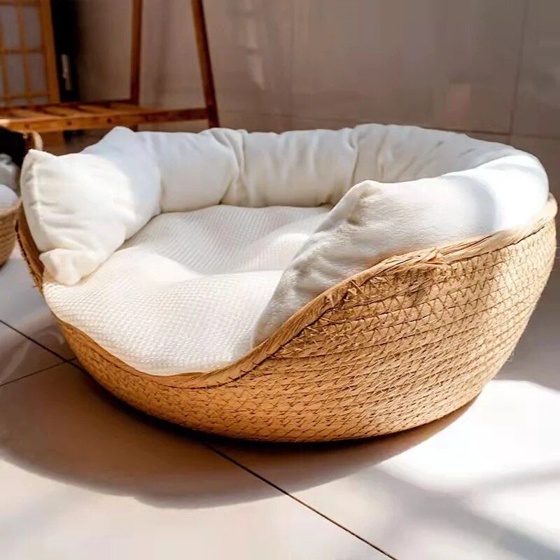 Handwoven cat nest bed with cushion, view 2 - MRSLM
