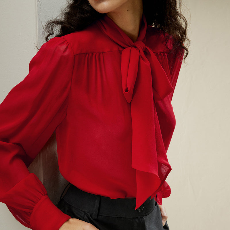 sheer silk mesh bow-tie blouse, view 6 - MRSLM