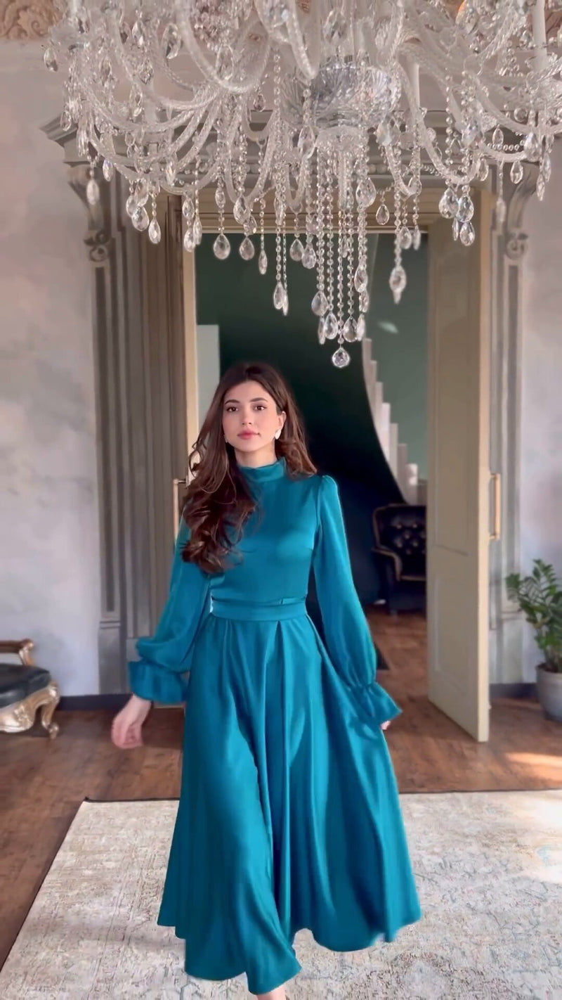 elegant ruffled long sleeve dress, view 5 - MRSLM