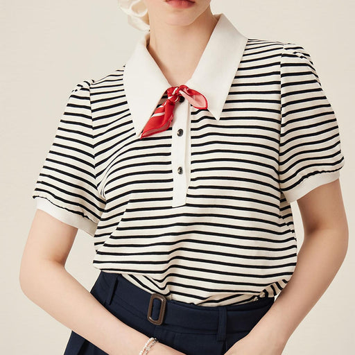 striped polo-neck puff sleeve tee - MRSLM