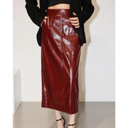 reflective pu leather midi skirt, view 3 - MRSLM