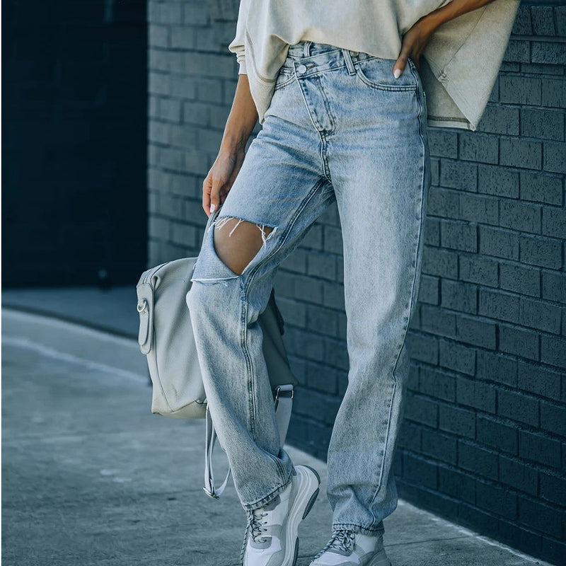 Torn edge hole casual denim pants, view 3 - MRSLM